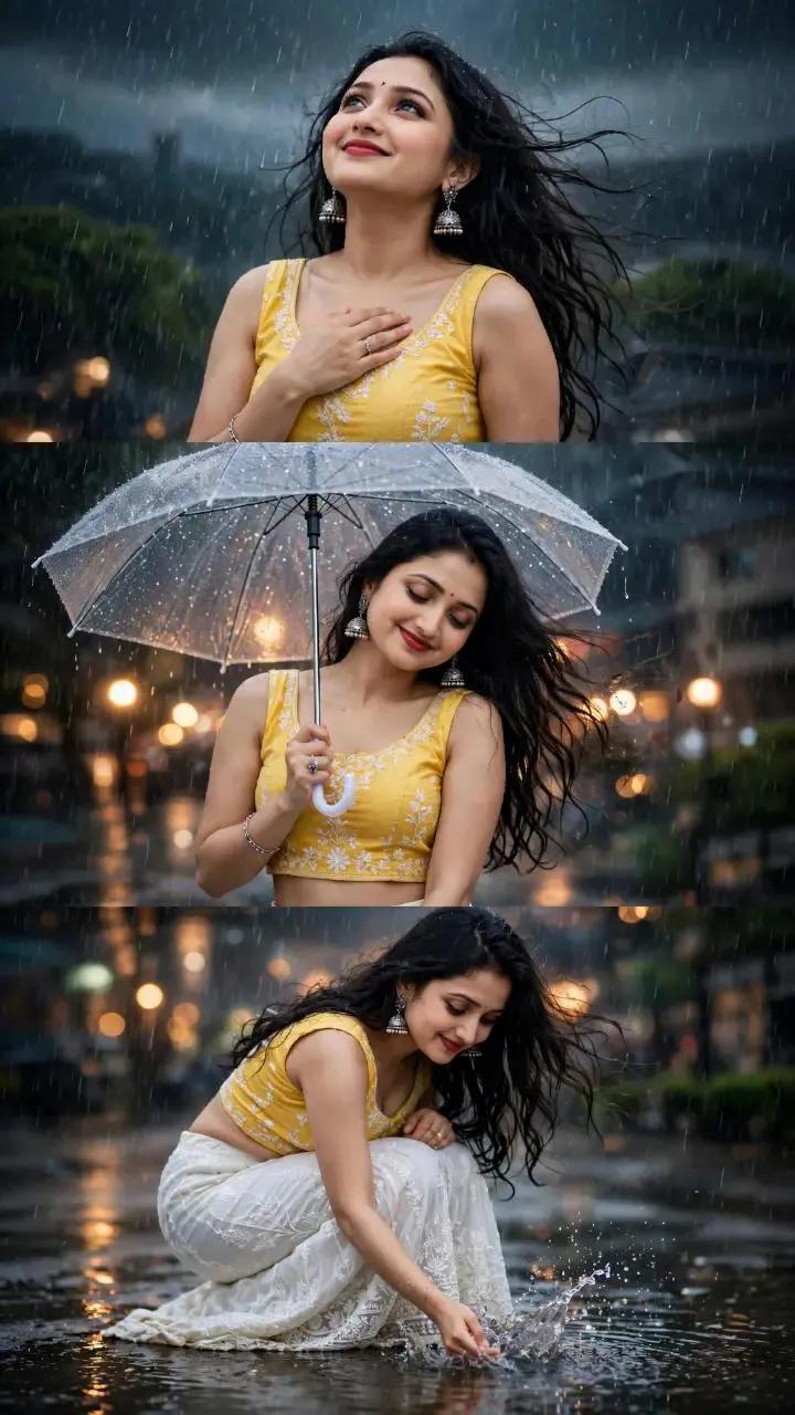 South Asian Woman Emotional Rainy Day Photoshoot AI Prompt