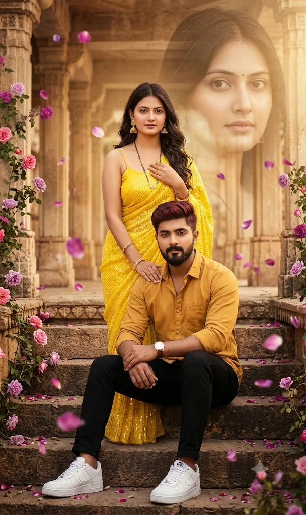 Cinematic Indian Couple Portrait on Temple Steps, AI Image Prompt - AI prompt