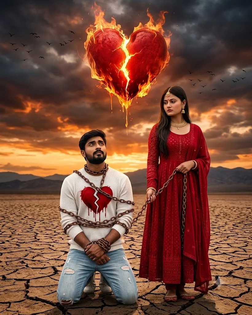Surreal Drama: Chained Couple under a Flaming Broken Heart - AI prompt