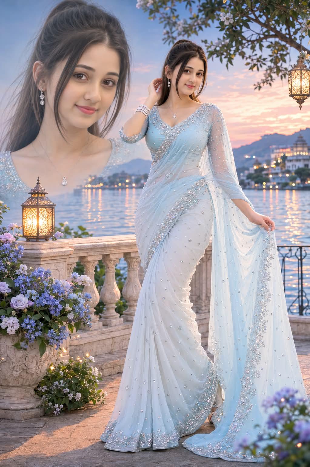 Portrait and Full-Body Composite of Woman in Embellished Saree at Dusk