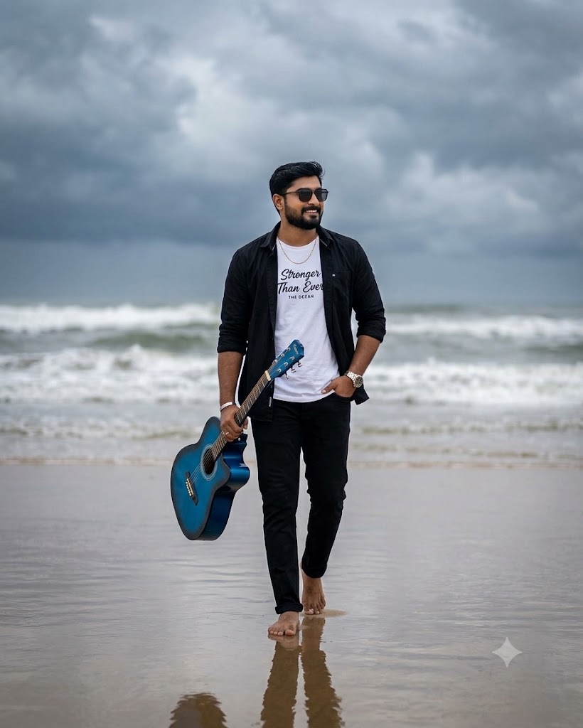 A Beach Stroll with a Blue Guitar and a Confident Smile