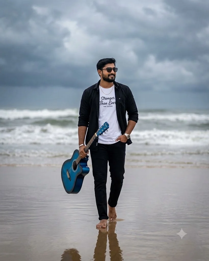 A Beach Stroll with a Blue Guitar and a Confident Smile - AI prompt