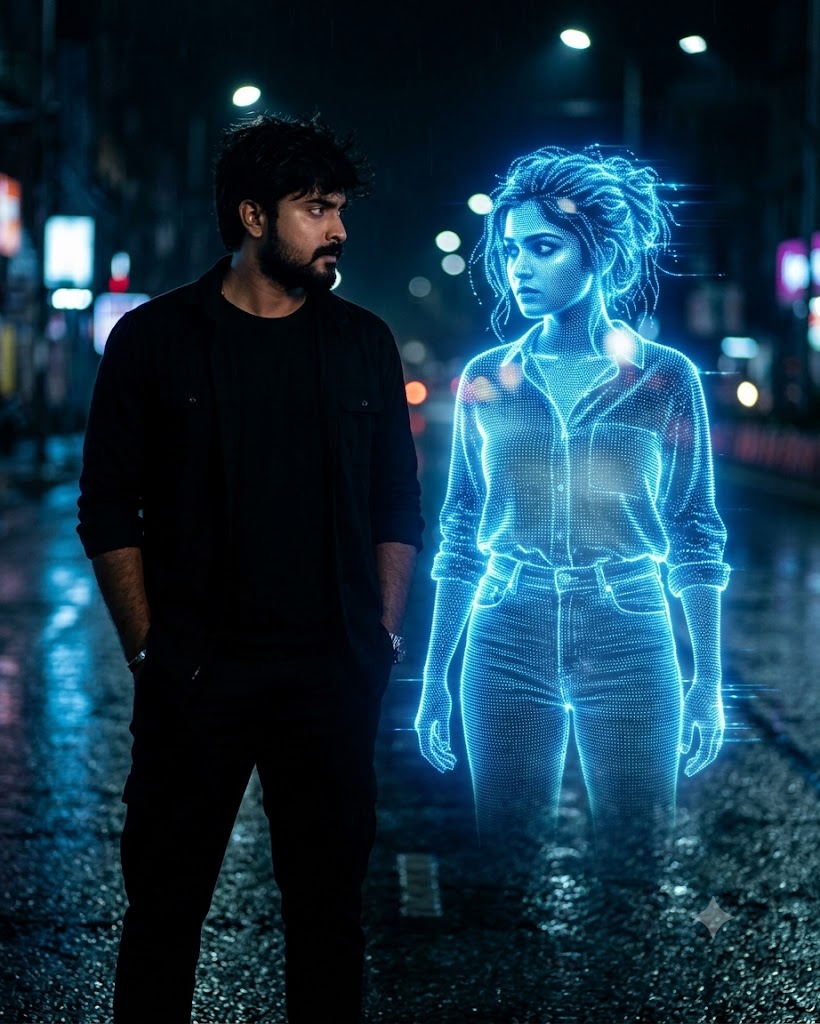 A Young Man with a Holographic Girl