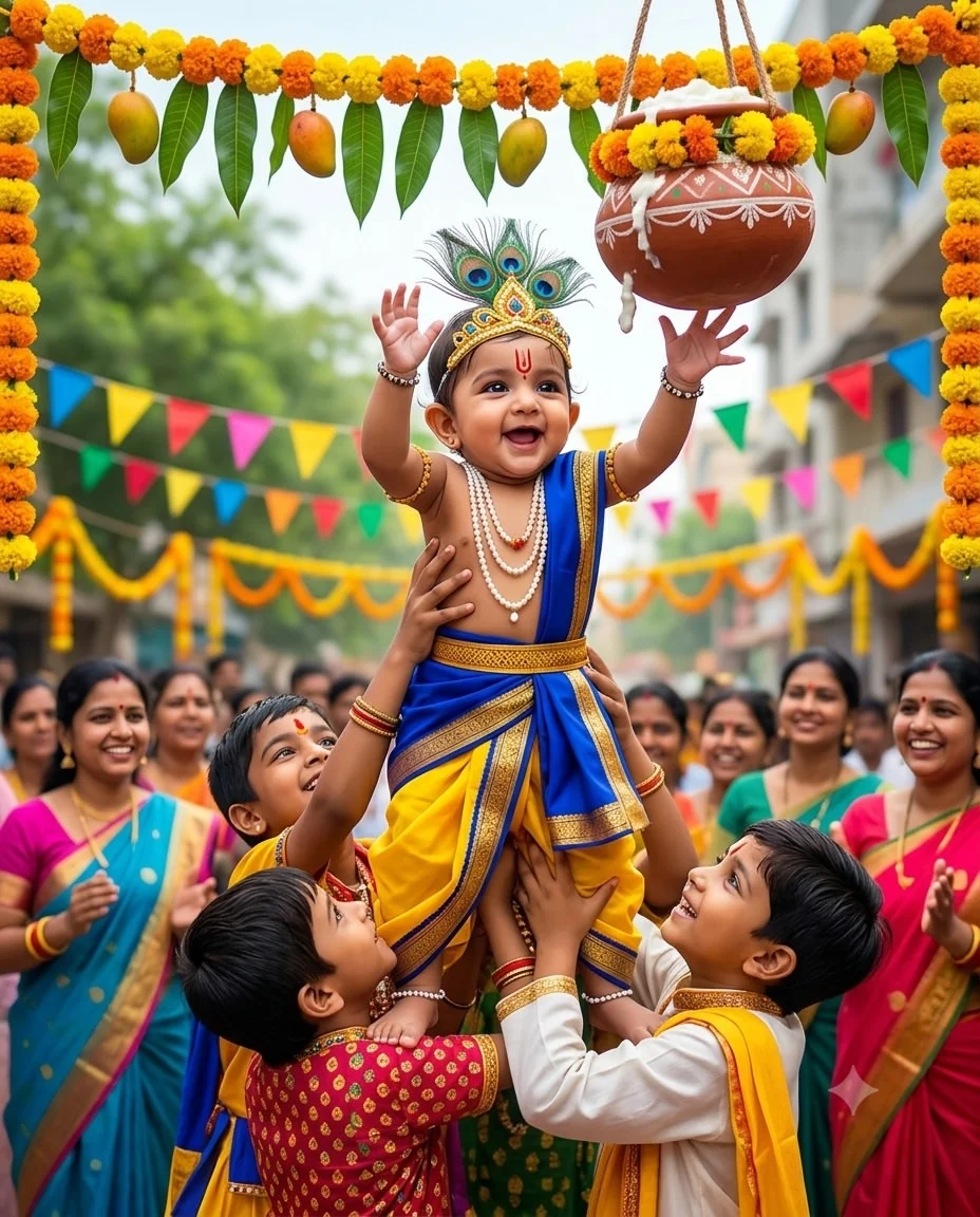 Baby Krishna and the Dahi Handi Celebration - AI prompt