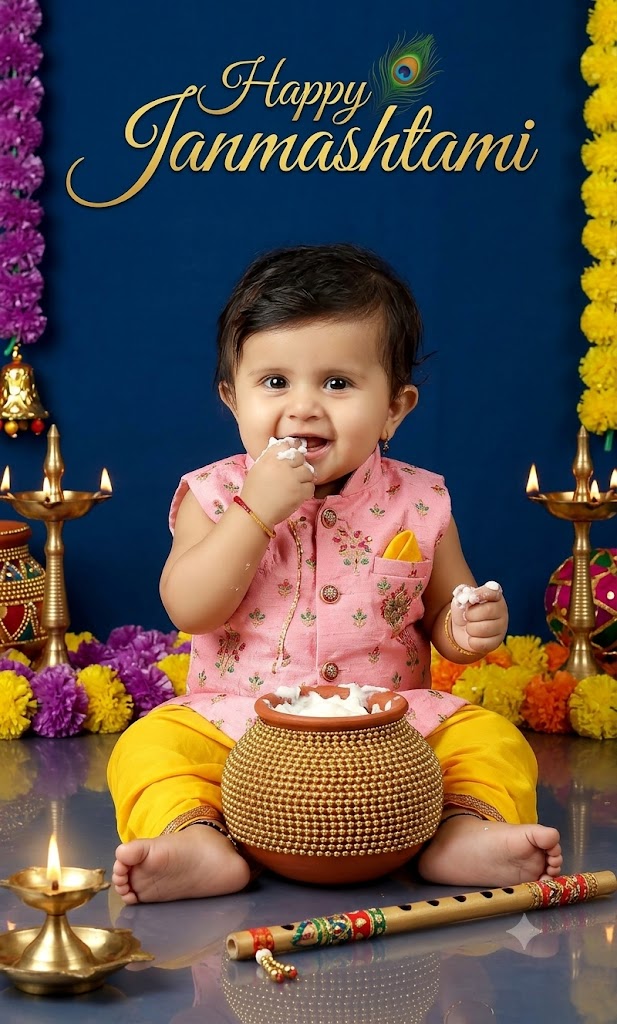 Cute Baby Celebrating Janmashtami in Traditional Krishna Outfit and Eating Butter