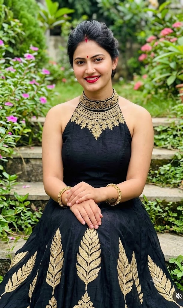 Woman in Black and Gold Embroidered Dress on Garden Steps