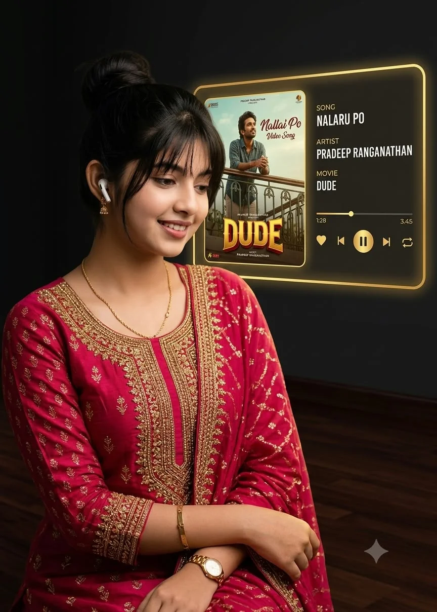 Indian Woman in Traditional Dress with Glowing Music UI