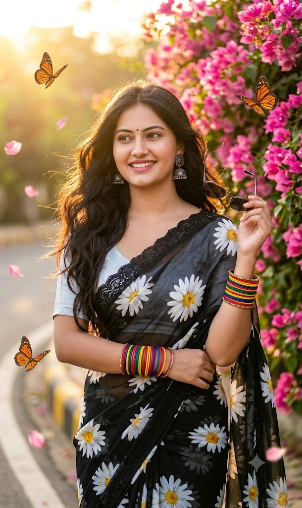Indian Woman in Black Floral Saree Golden Hour AI Prompt