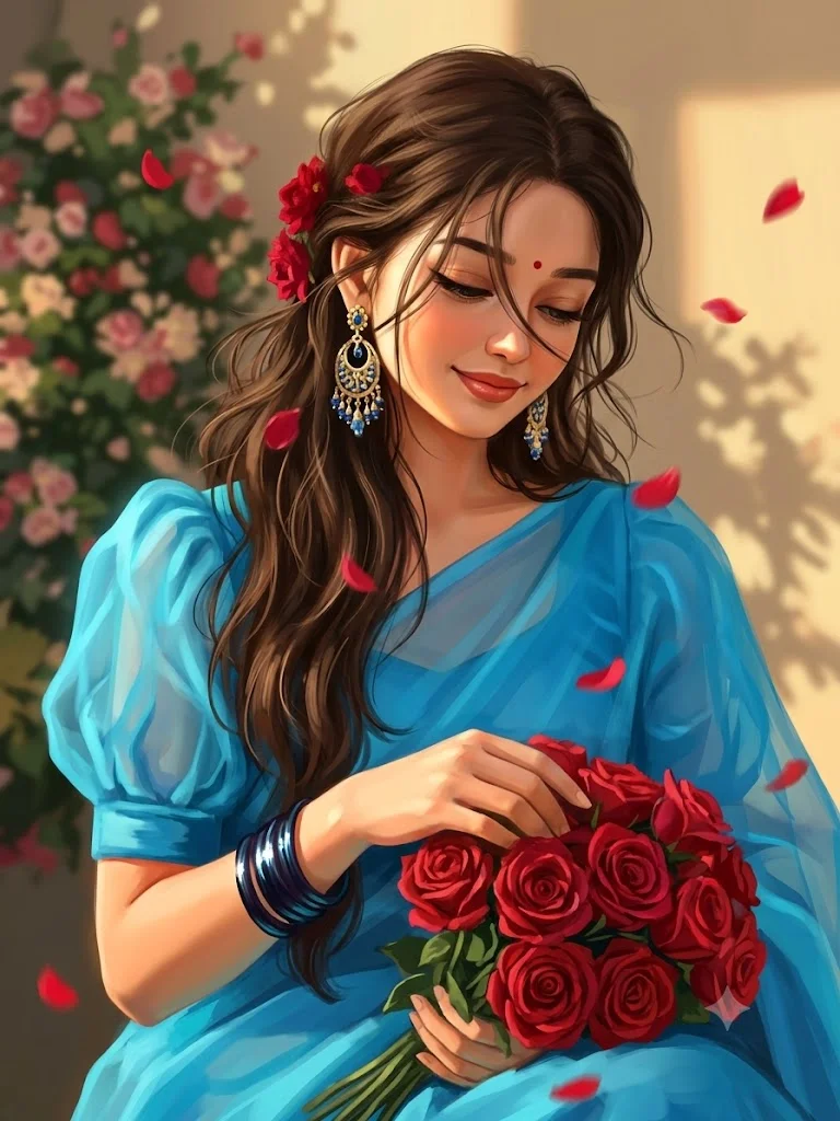 Ethereal Portrait of Woman in Blue Sari Holding Red Roses