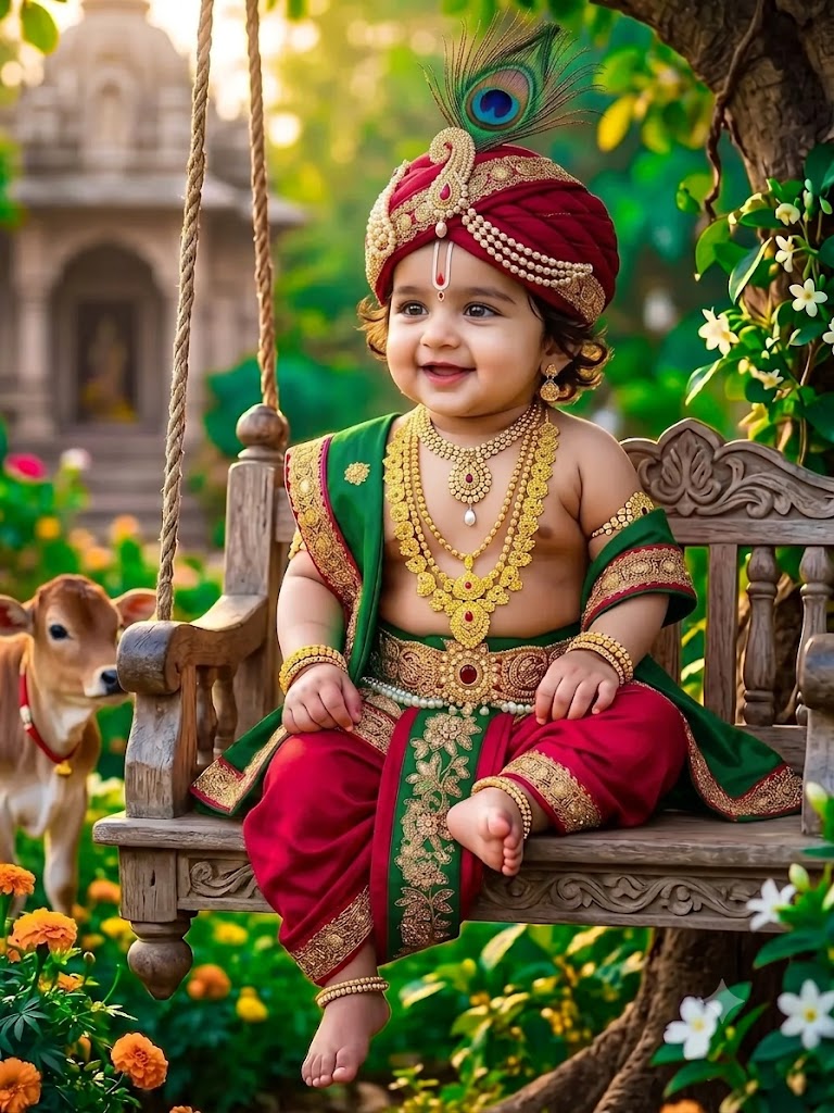 Realistic Baby Krishna on Wooden Swing AI Portrait