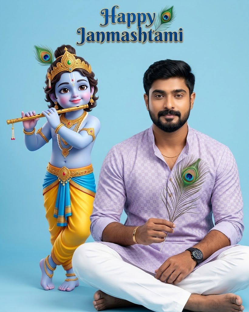Happy Janmashtami AI Portrait with 3D Lord Krishna