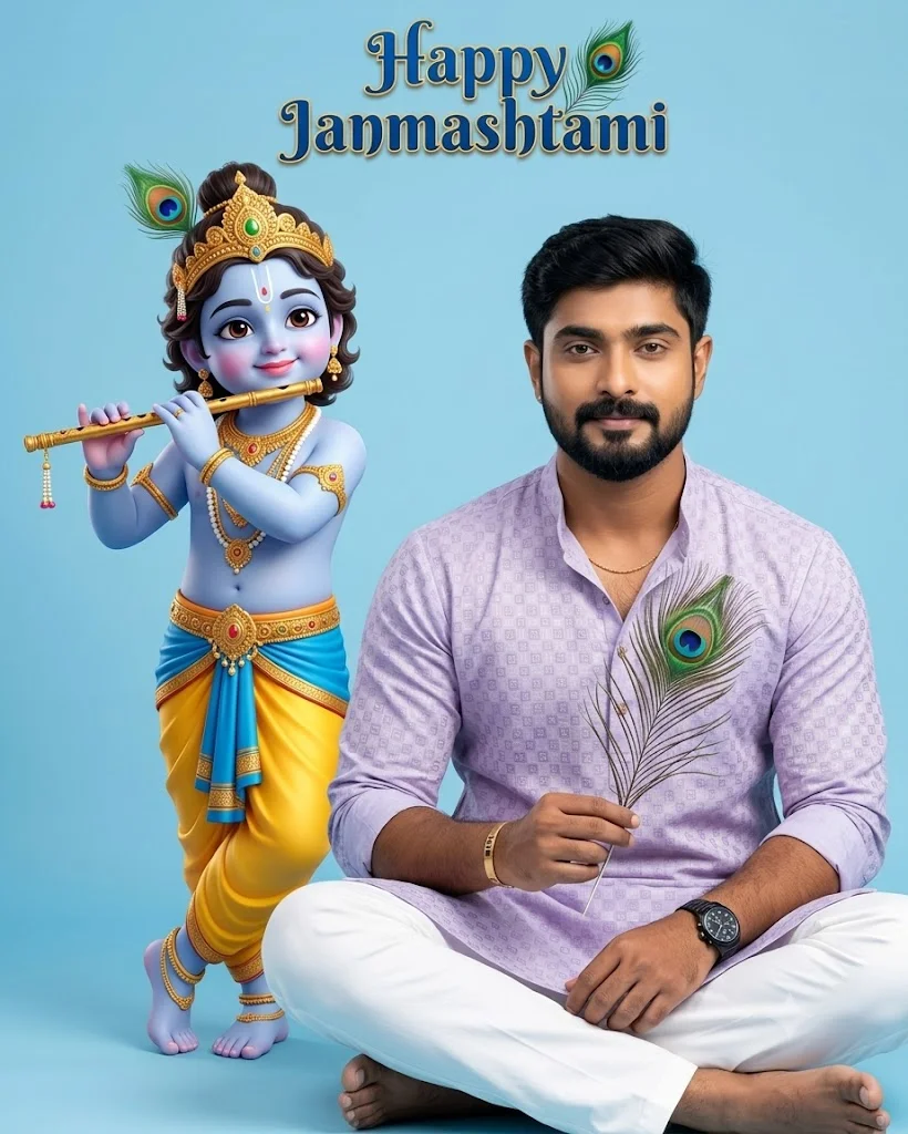 Happy Janmashtami AI Portrait with 3D Lord Krishna