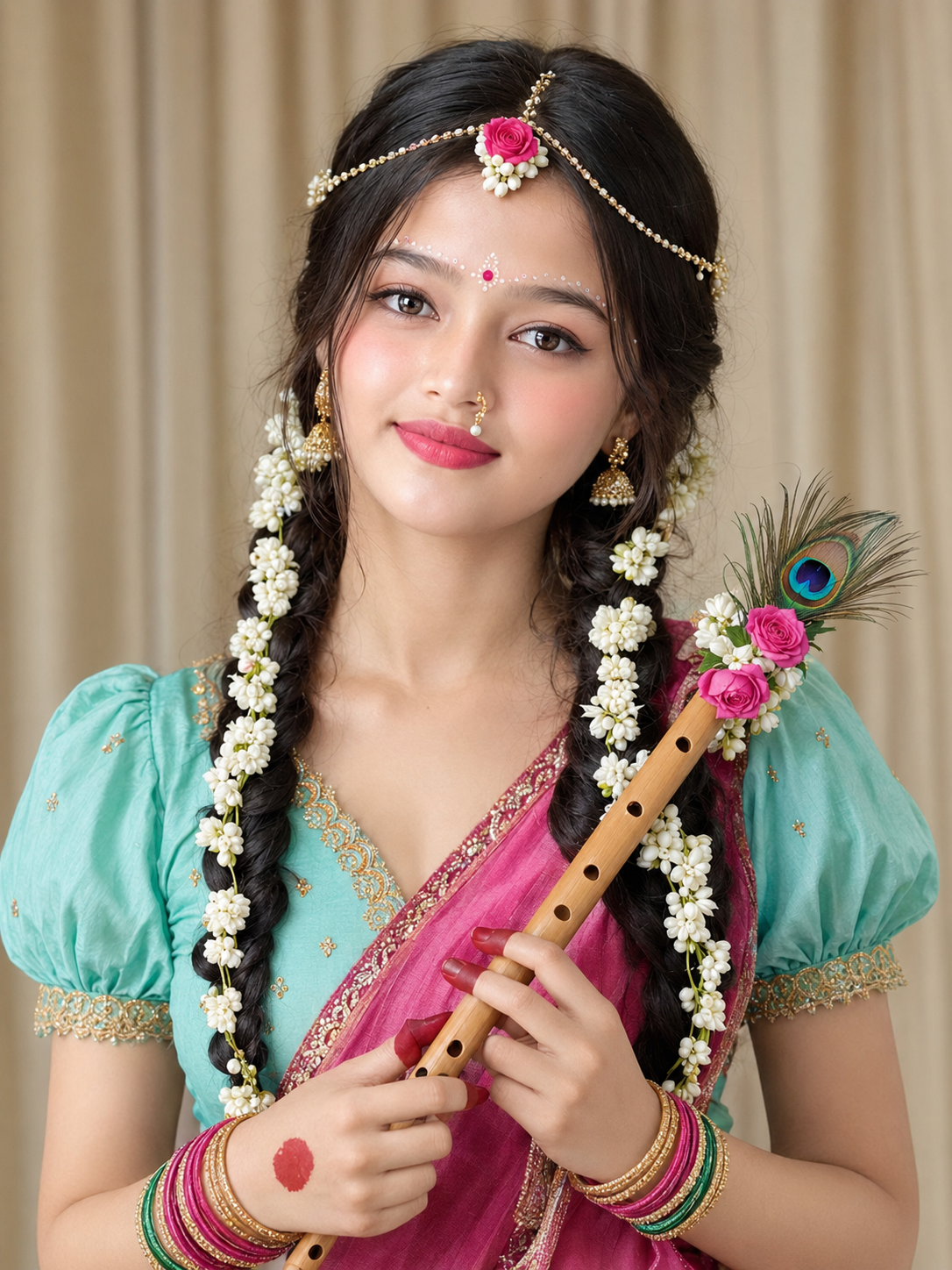 Photorealistic Portrait of a Traditional Woman with Flute