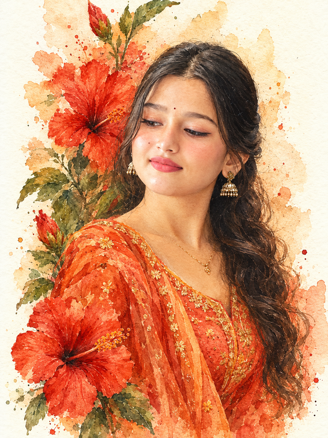 Watercolor Hibiscus Portrait AI Prompt for a Painted Look