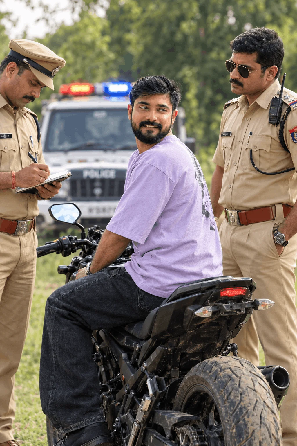 Cinematic Biker &amp; Aryan Kelvin Police Police Scene AI Image Prompt - AI prompt