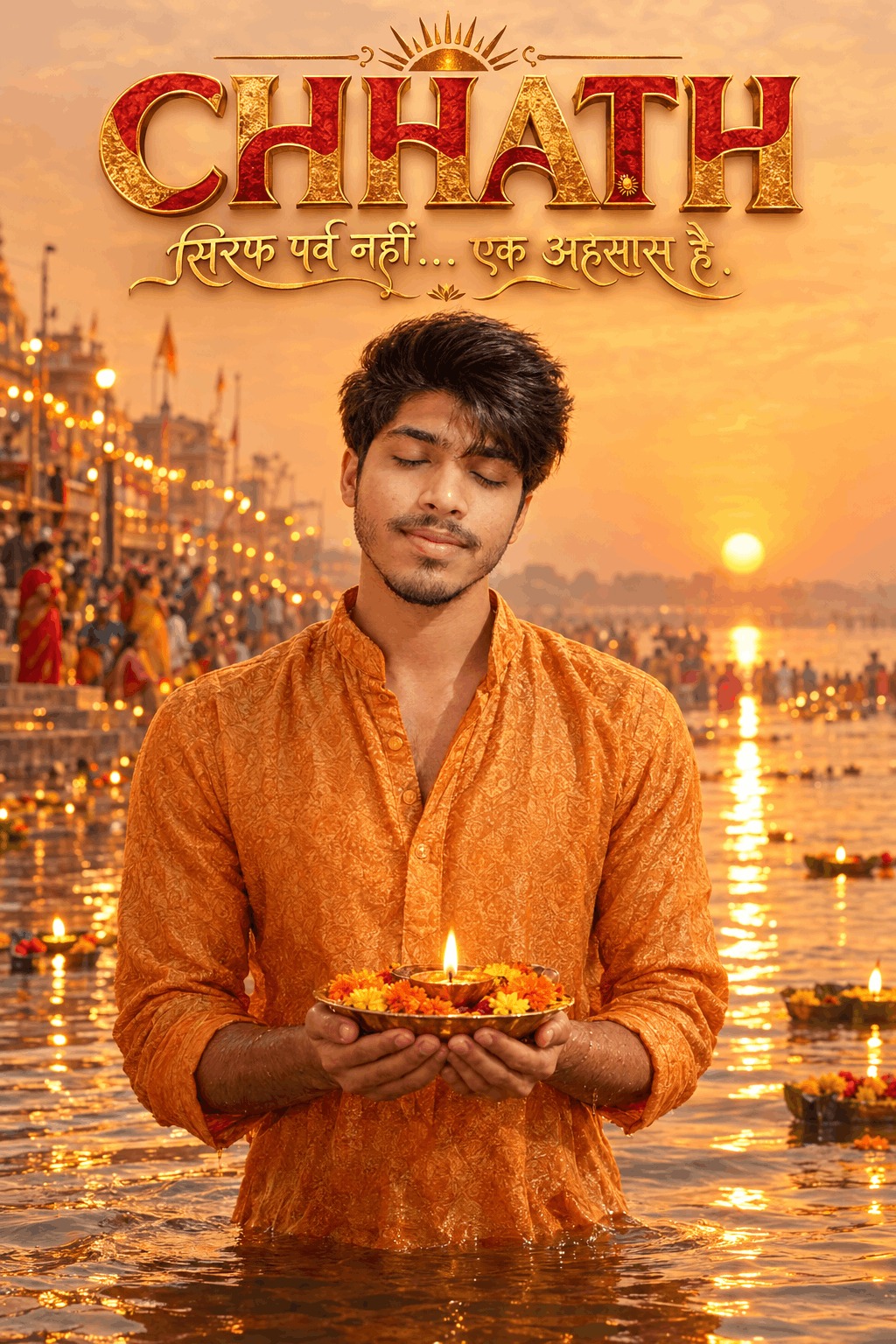 Chhath Puja Sunrise AI Image Prompt with Custom Text