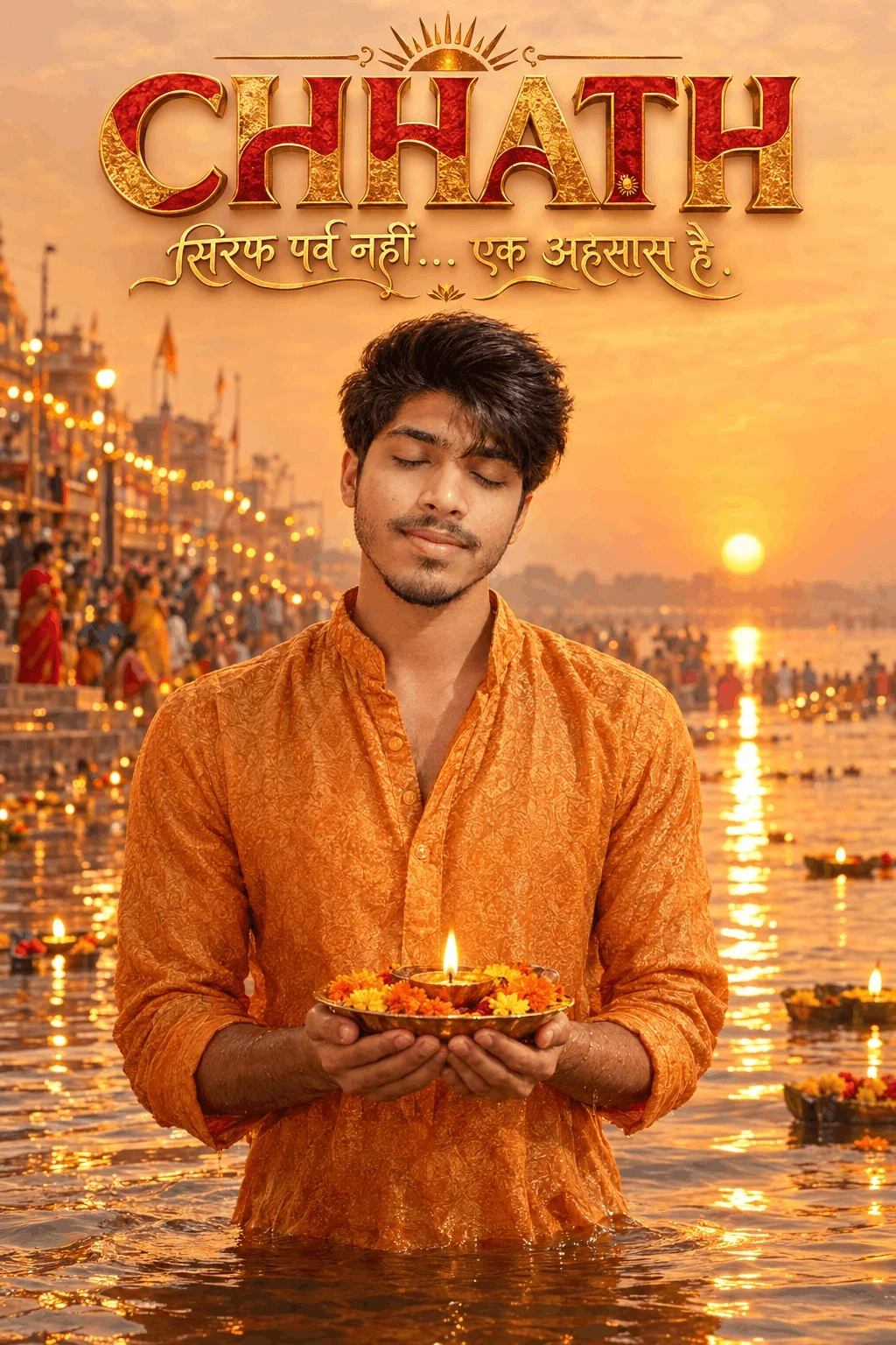 Chhath Puja Sunrise AI Image Prompt with Custom Text - AI prompt