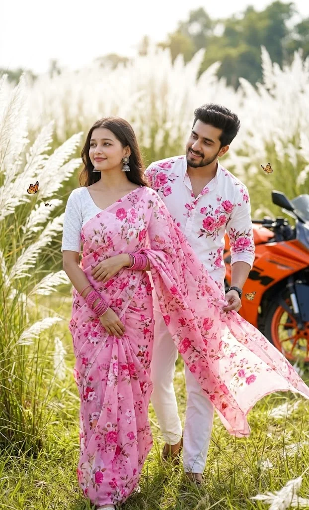 Romantic Saree Couple AI Portrait Prompt | Outdoor Field - free AI image prompt