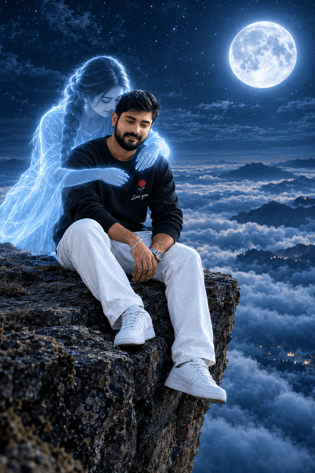 Emotional Night Cliff AI Prompt with Spirit Companion