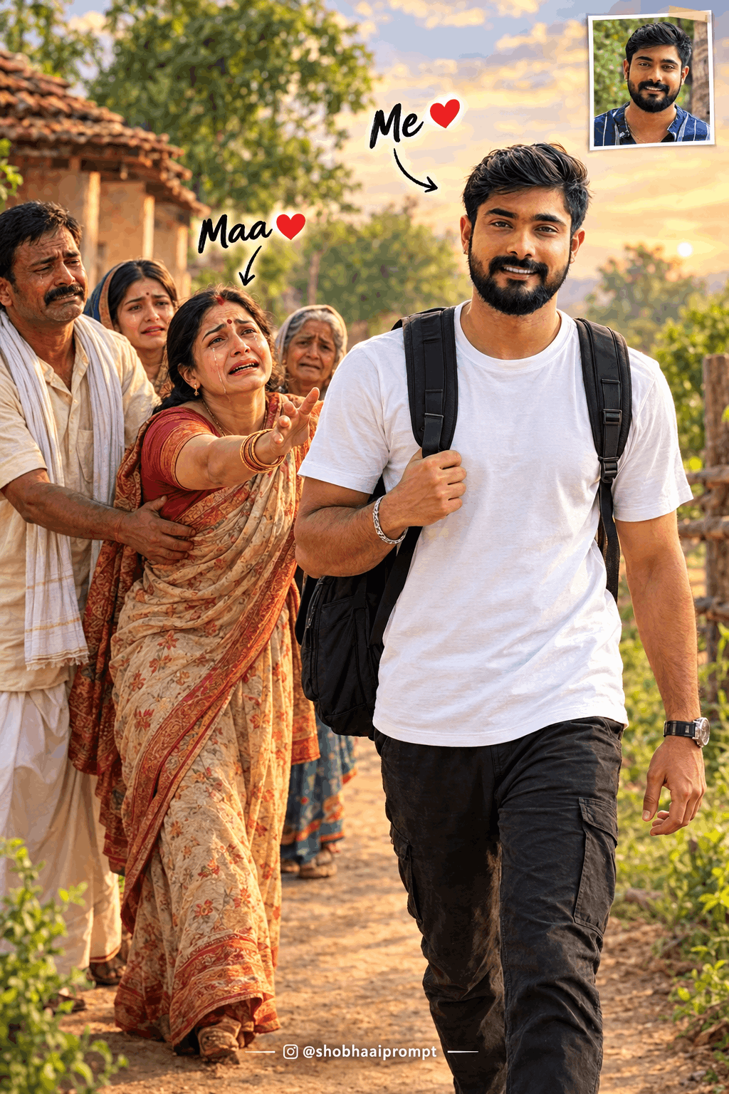 Emotional Mother and Son Departure: AI Photo Generator Prompt