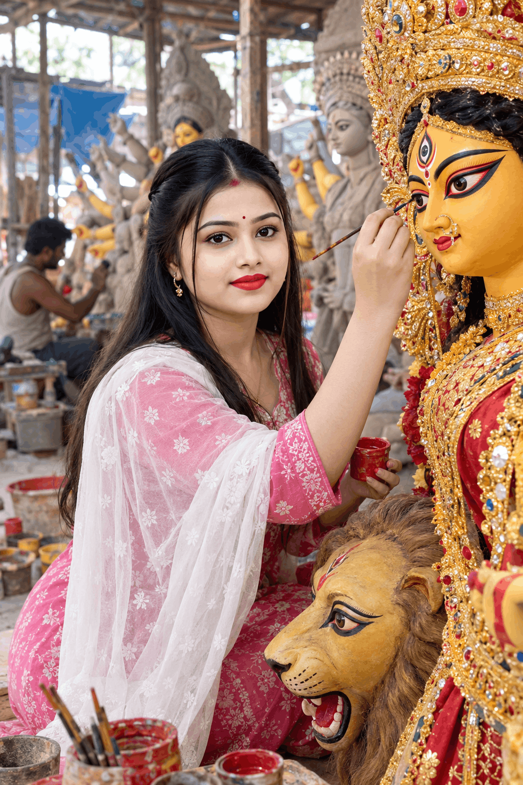 Artist's Devotion: Create a Beautiful Photo of Maa Durga Idol Painting with AI Prompts