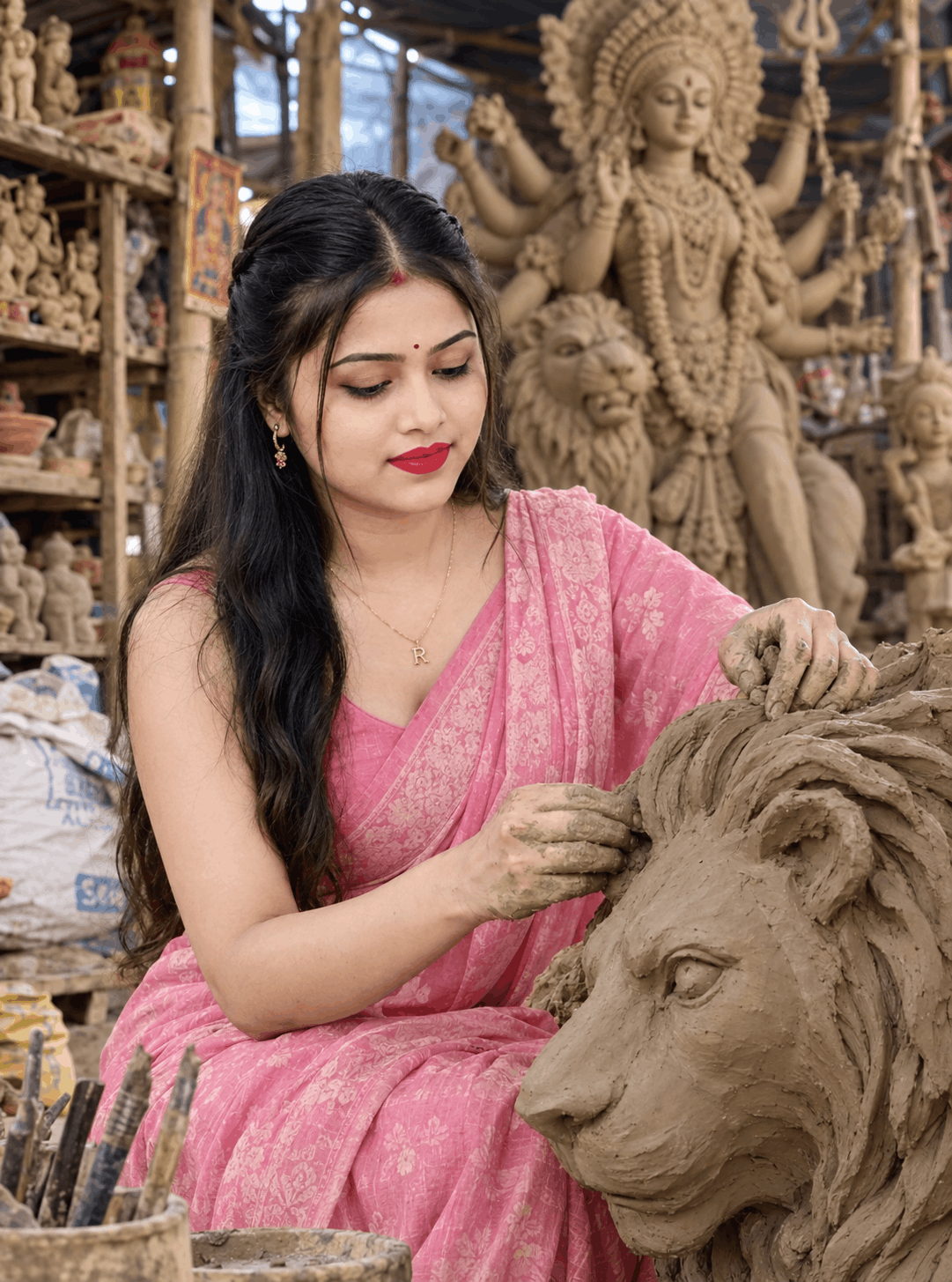 Maa Durga Idol Making AI Prompt Indian Girl Sculpting Clay Lion