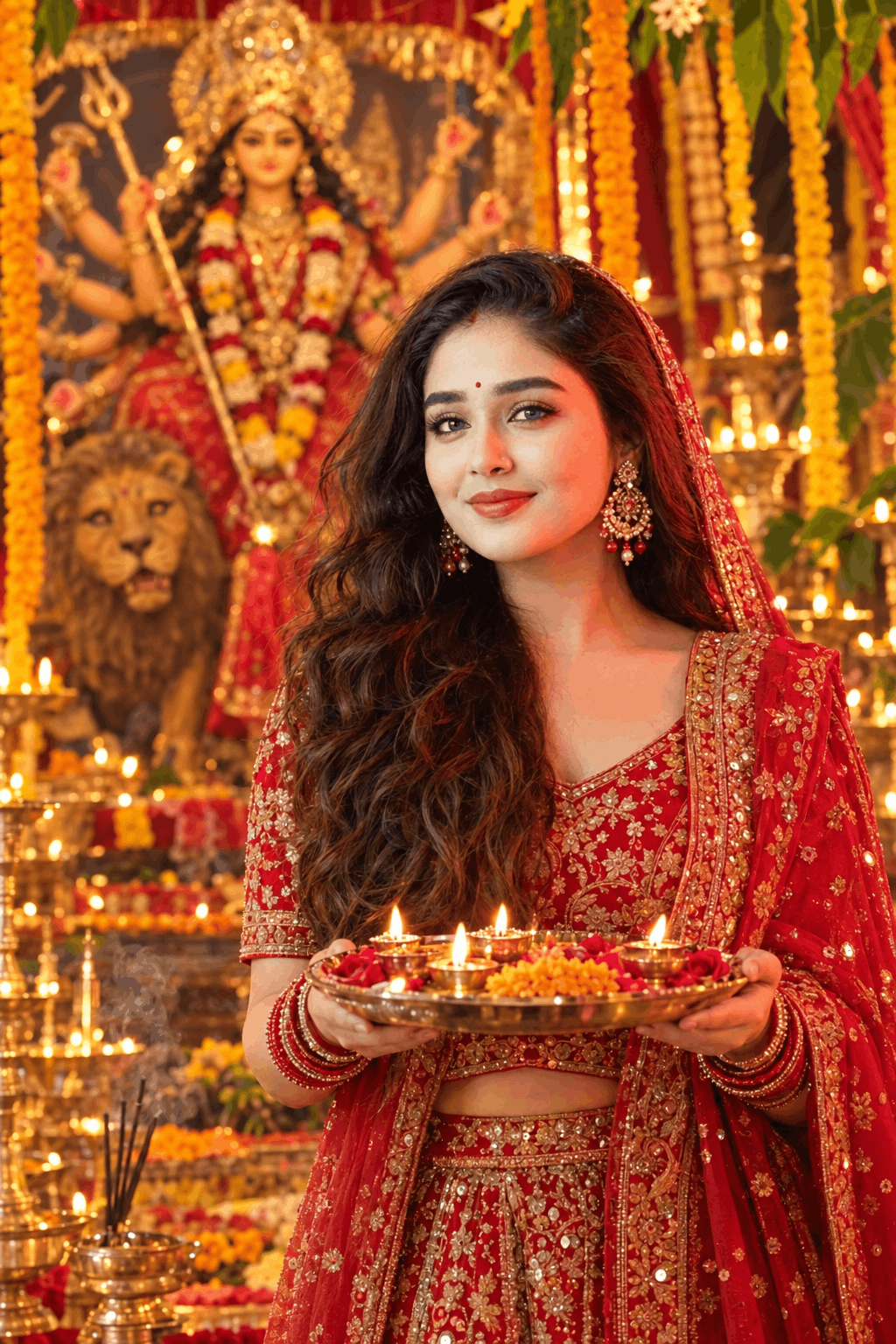 Divine Durga Puja AI Prompt Beautiful Indian Woman Holding Diya for Goddess