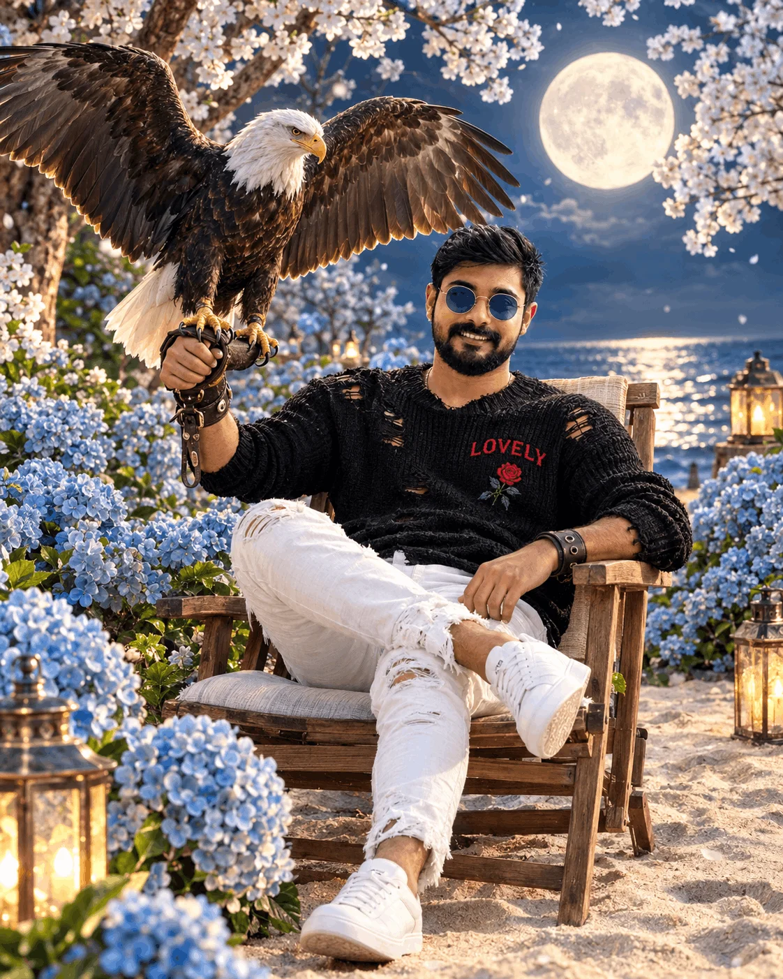 Stylish Boy with Eagle AI Prompt Create a Realistic AI Photo of a Young Man and an Eagle