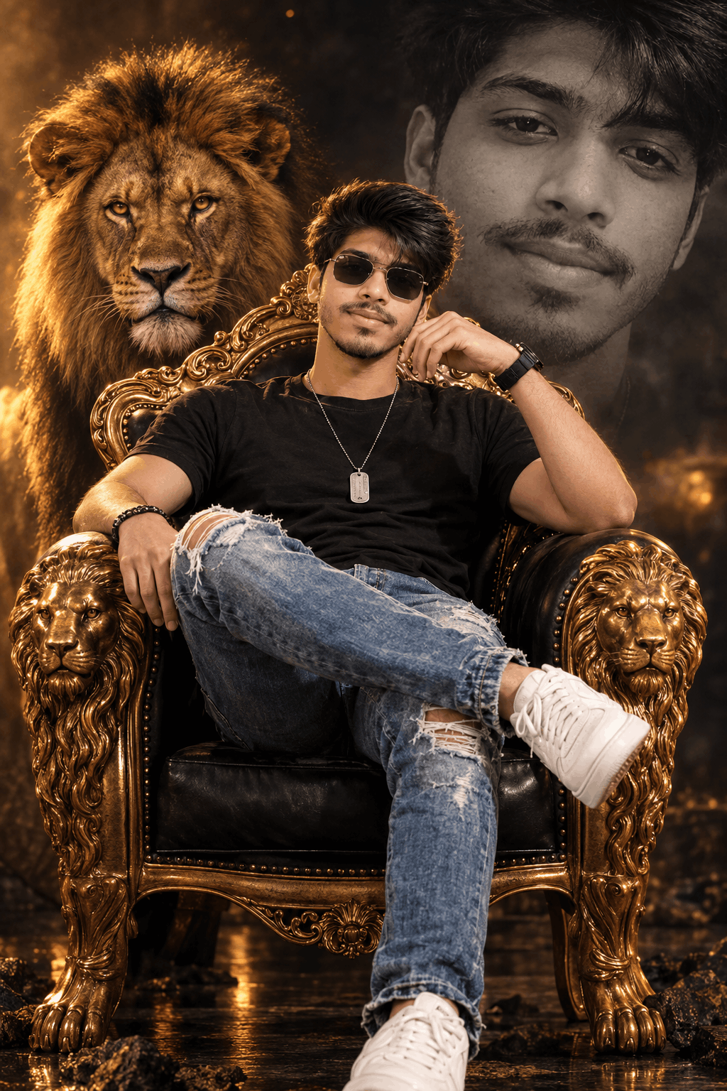 Stylish Young Man with Lion AI Prompt Create a Realistic AI Photo of a Man on a Throne with a Lion