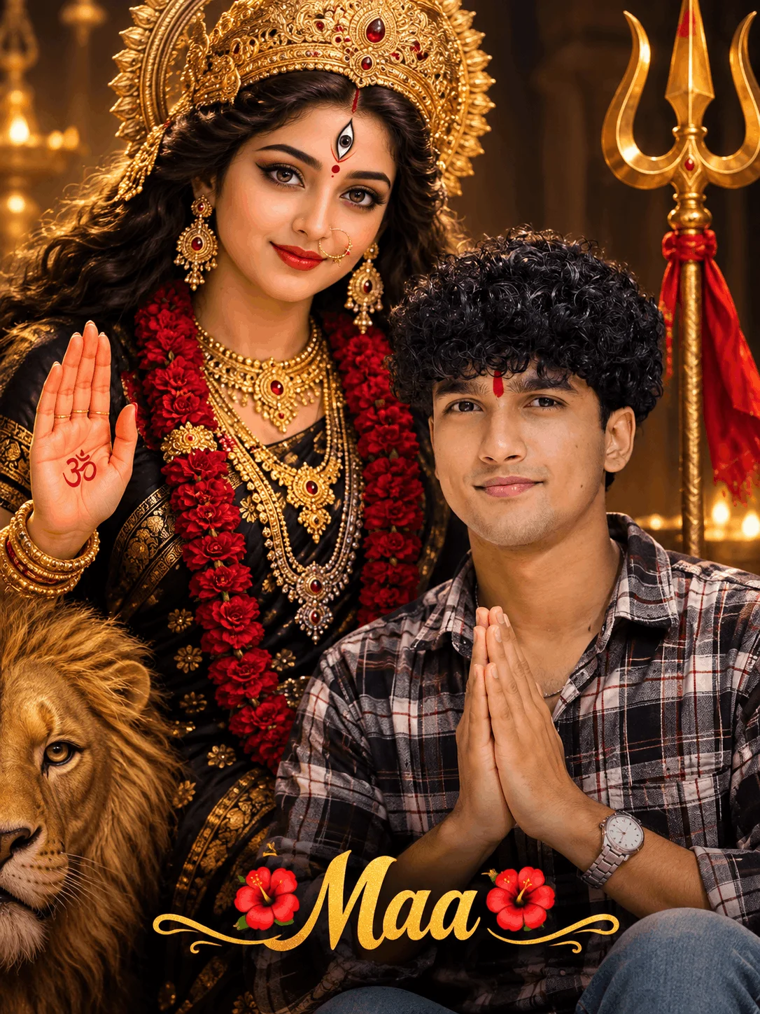 Blessing of Maa Durga AI Prompt Create a Divine AI Photo of a Young Man with the Goddess