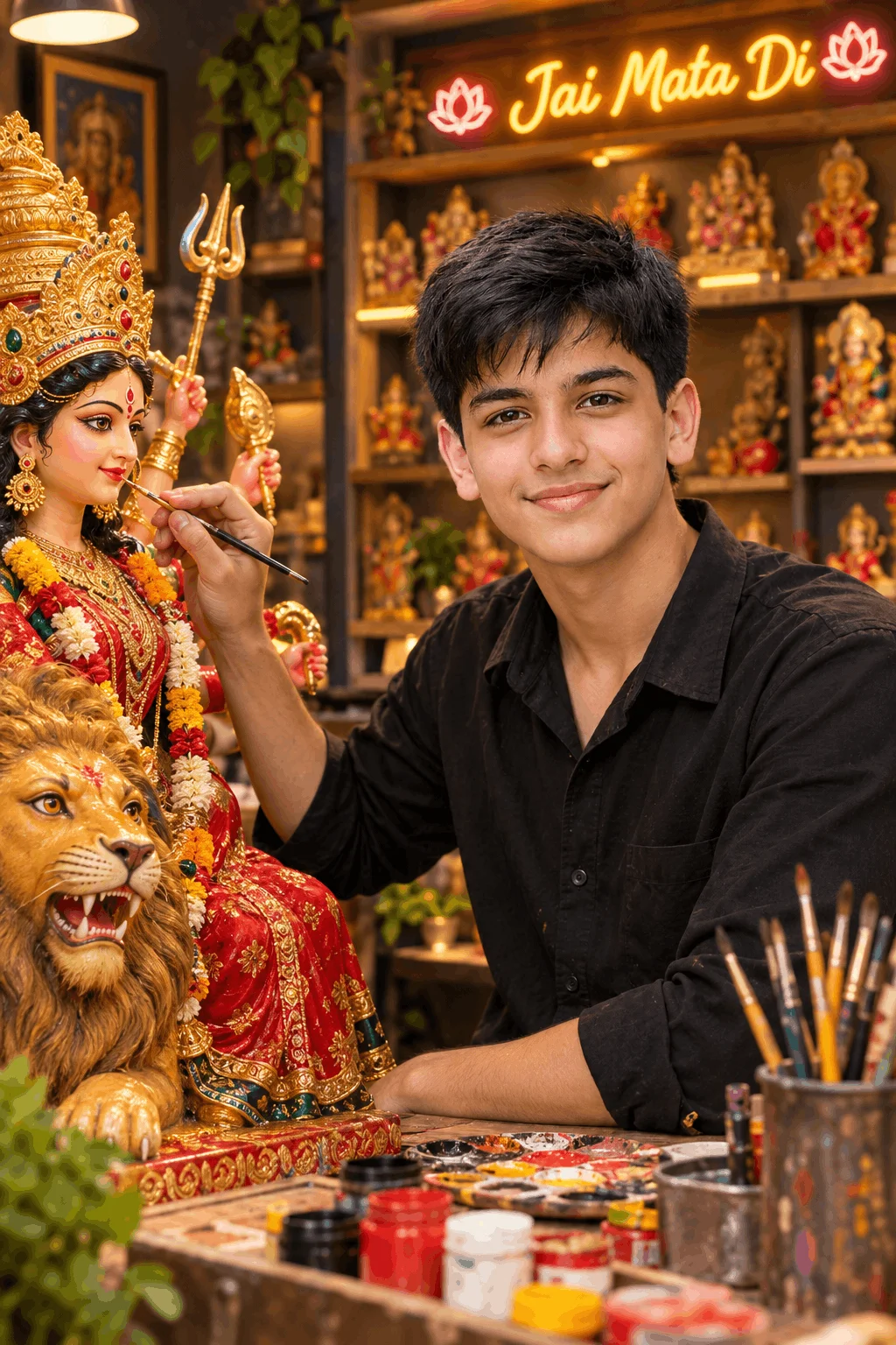 Young Artist Painting Maa Durga Idol AI Prompt Create a Realistic Portrait of Devotion with AI