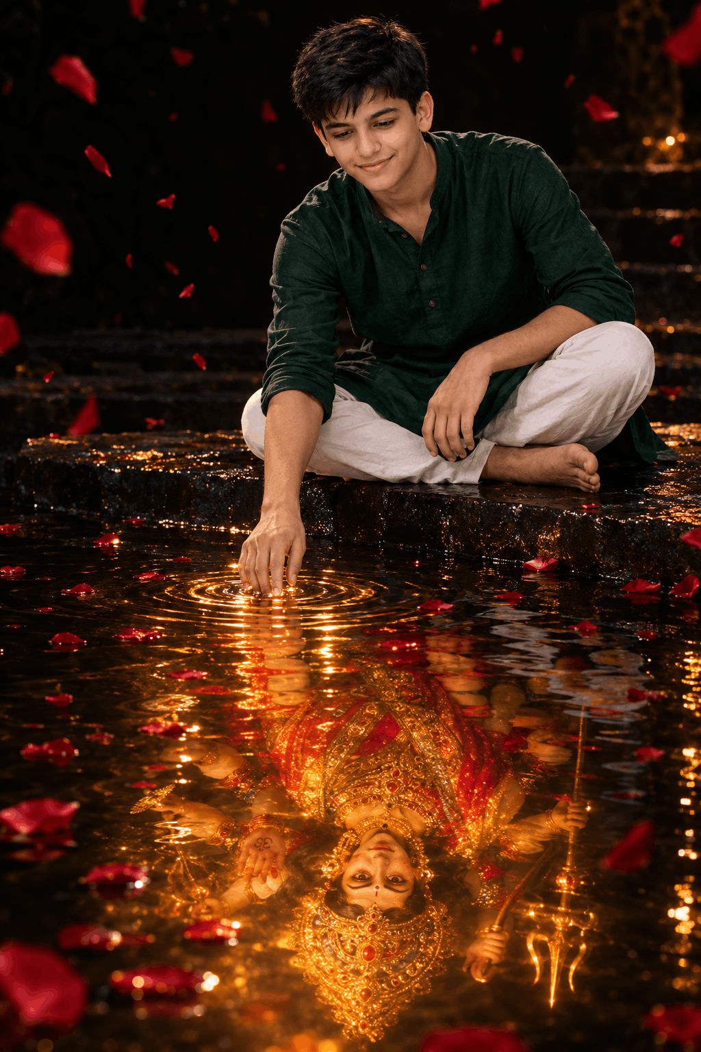 Divine Goddess Durga Reflection AI Image Prompt – Cinematic Devotional Art
