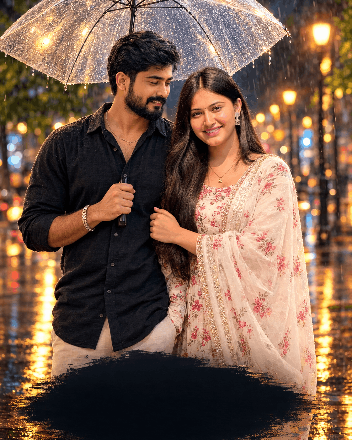 Romantic Rain Couple AI Image Prompt – Cinematic Bollywood Poster