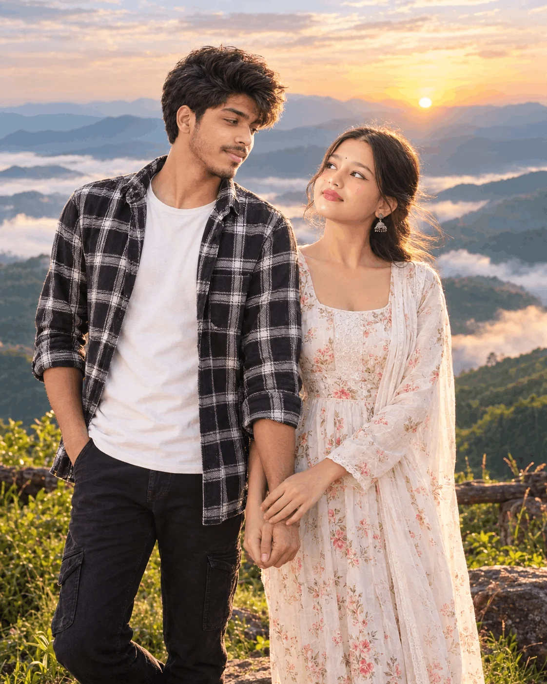 Romantic Couple Mountain Sunrise AI Image Prompt – Cinematic Love Poster - free AI image prompt