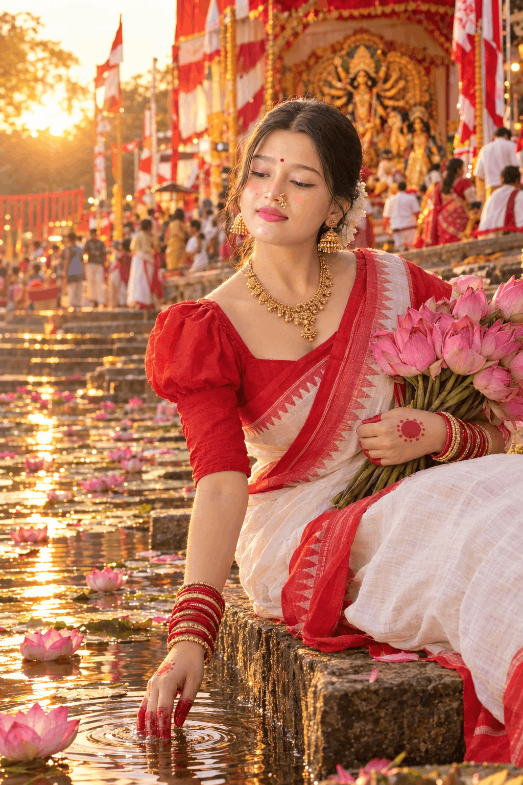 Bengali Durga Puja Ghat Portrait – AI Festive Image Prompt