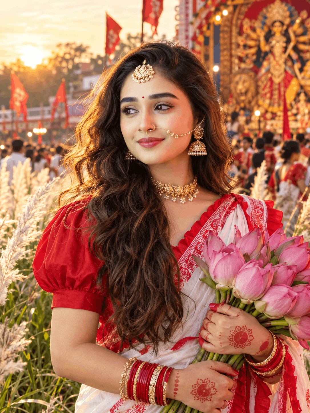 AI Durga Puja Portrait of a Bengali Woman with Pink Lotus Flowers