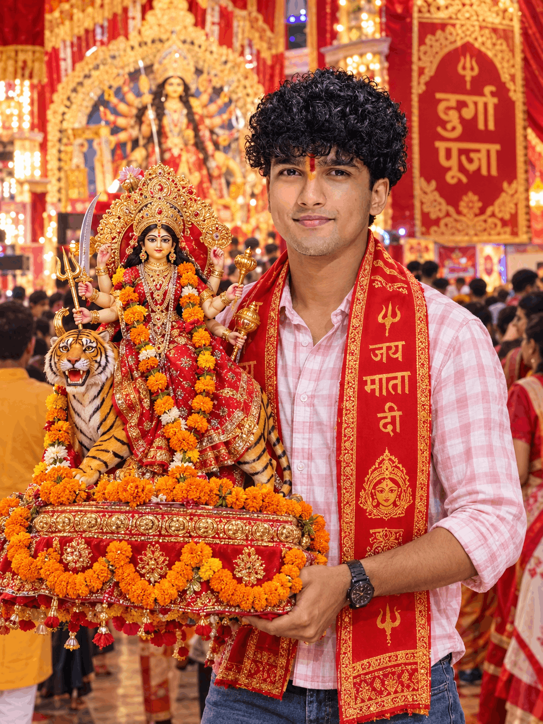 Durga Puja AI Image Devotee Carrying an Ornate Goddess Durga Idol