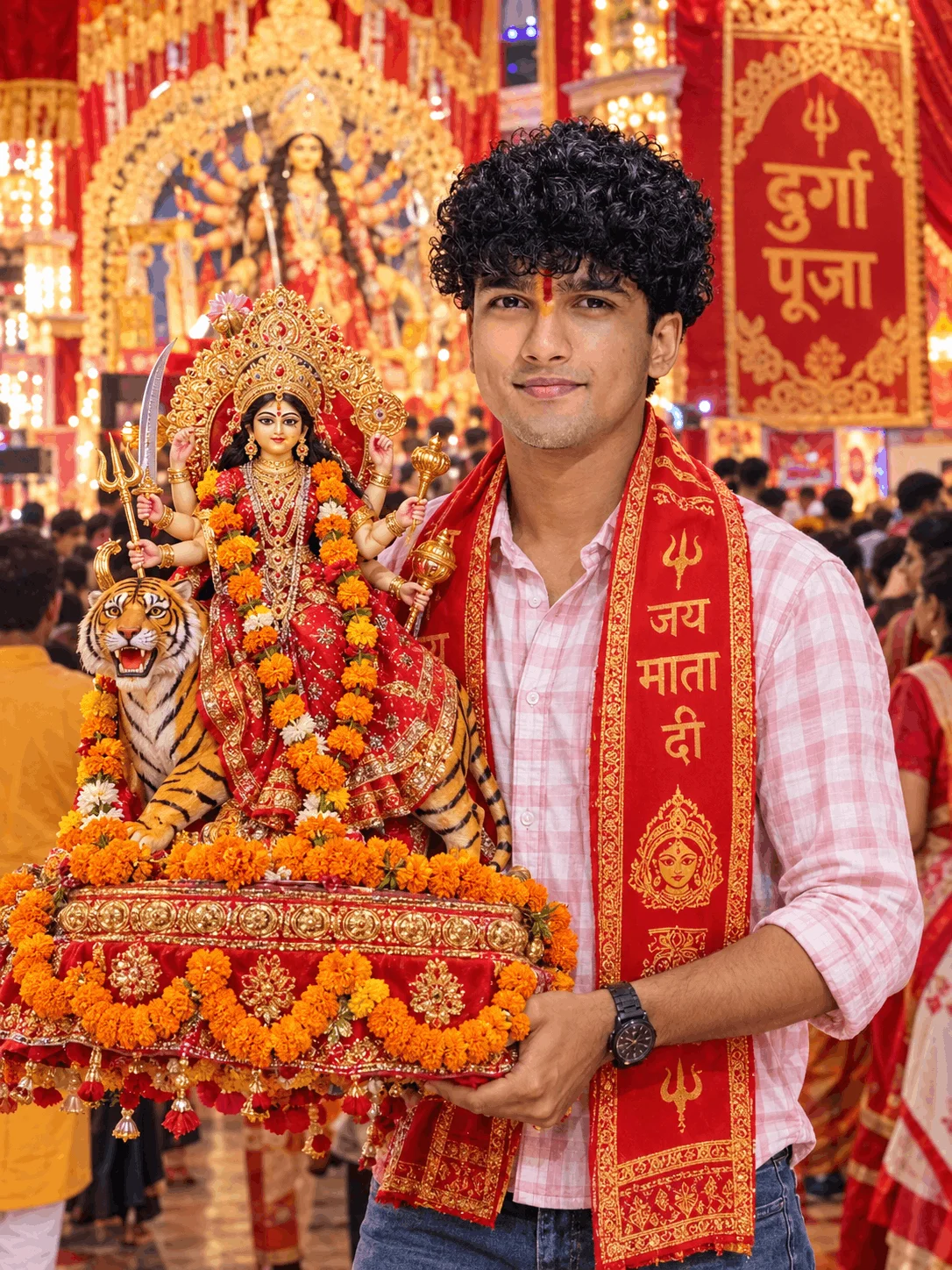 Durga Puja AI Image Devotee Carrying an Ornate Goddess Durga Idol