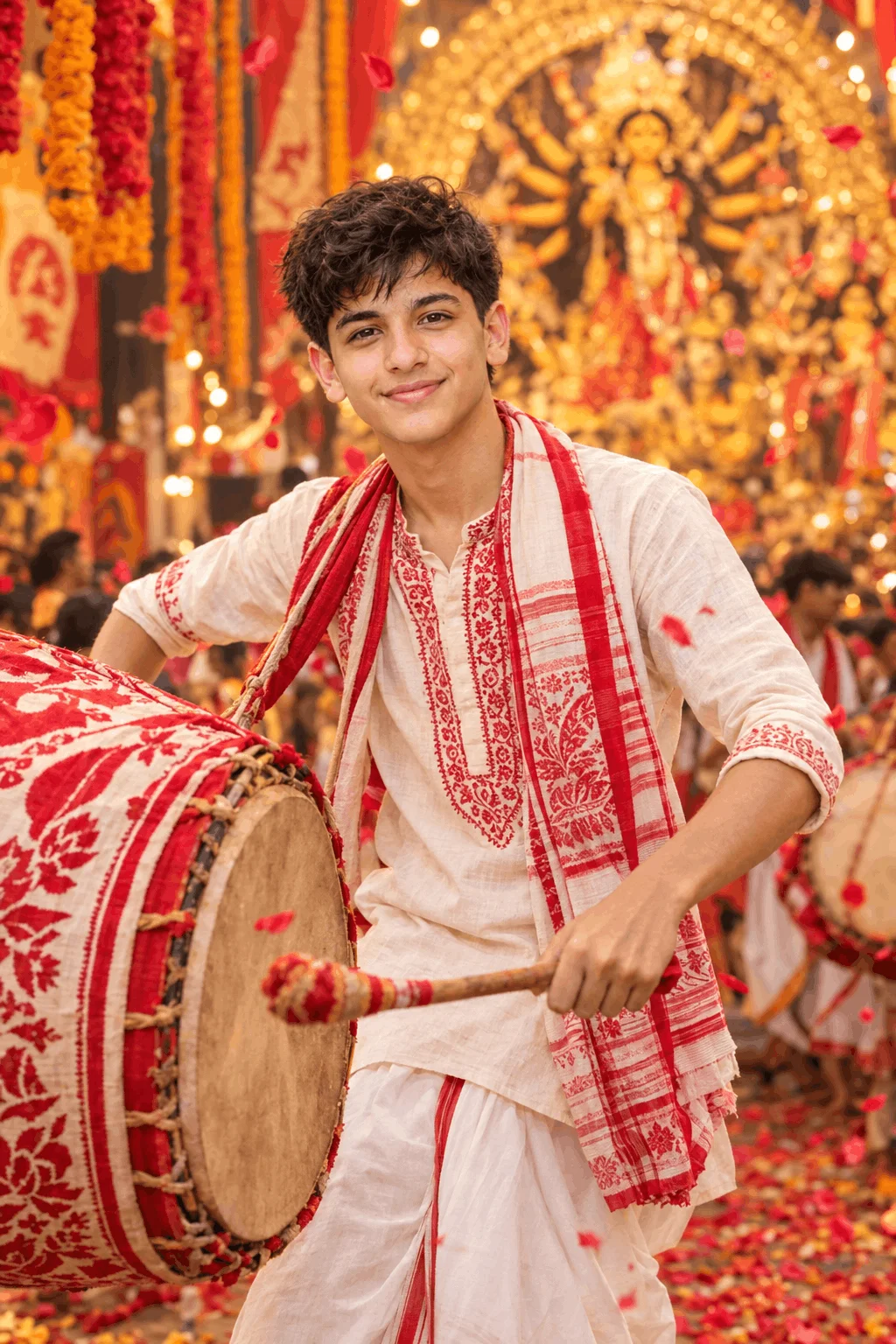 Durga Puja Dhak Player in Traditional Bengali Festive Attire – AI Image