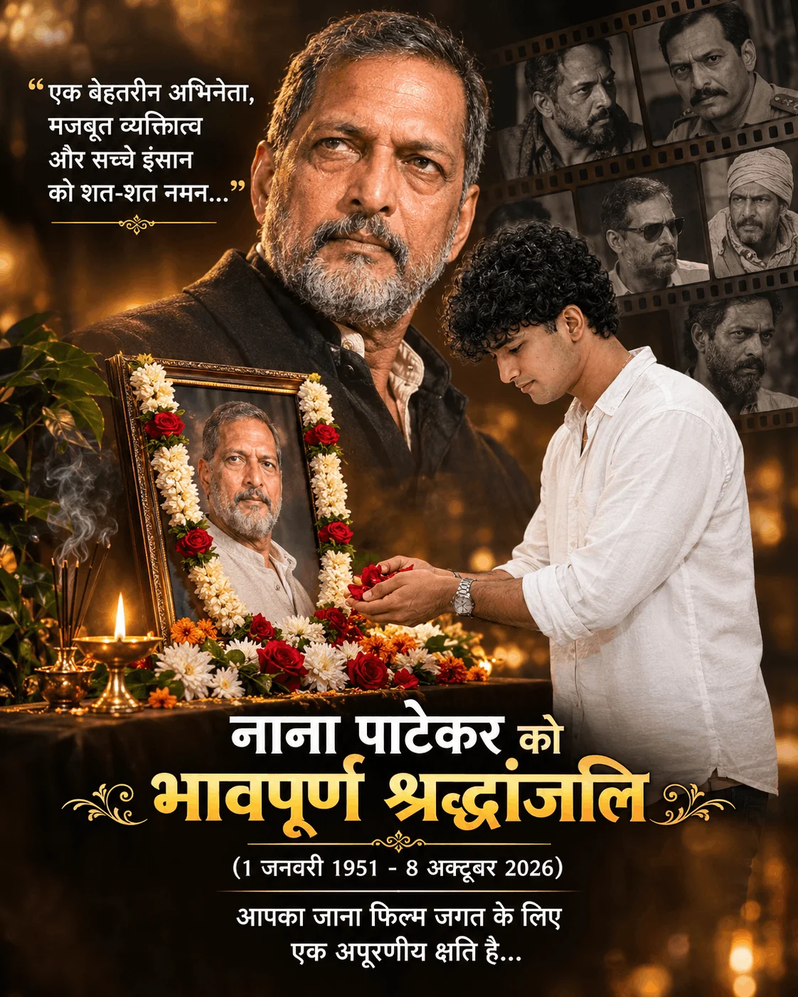 Nana Patekar Memorial Tribute Poster – Emotional Hindi Shraddhanjali Design - AI prompt