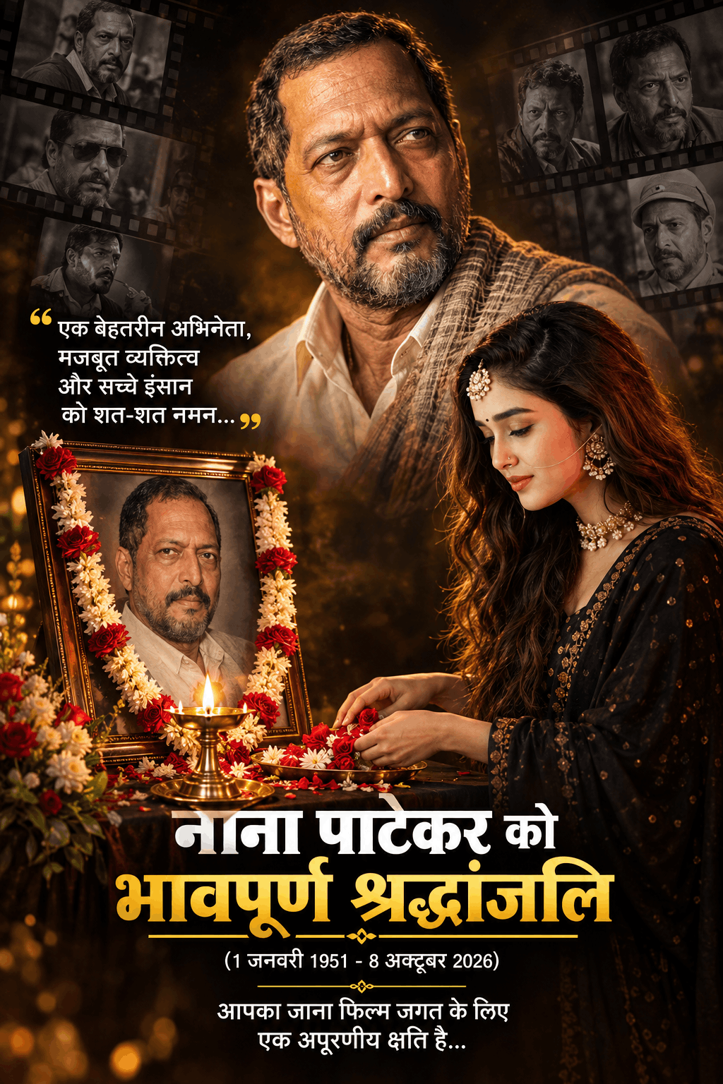 Nana Patekar Memorial Tribute Poster – Emotional Hindi Shraddhanjali AI Image