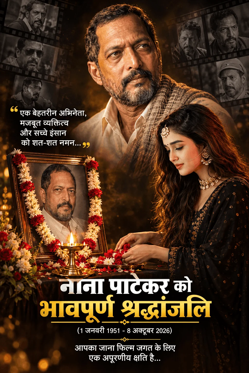Nana Patekar Memorial Tribute Poster – Emotional Hindi Shraddhanjali AI Image