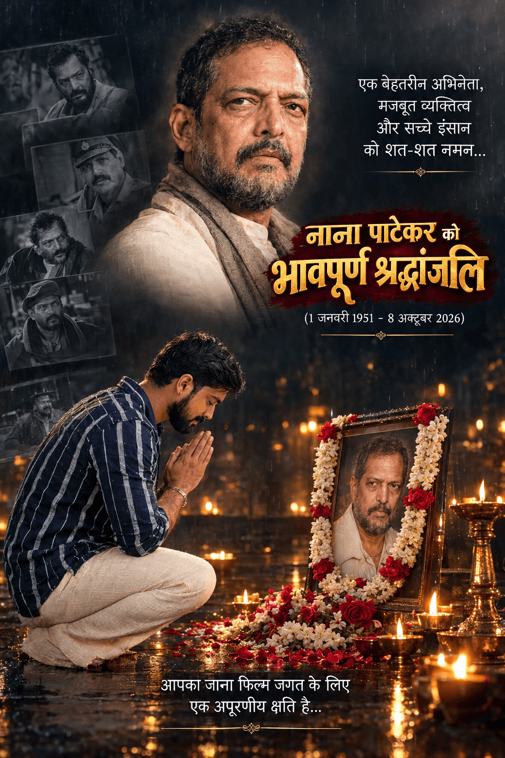 Nana Patekar Shradhanjali AI Tribute Poster with Rainy Night Cinematic Memorial Scene