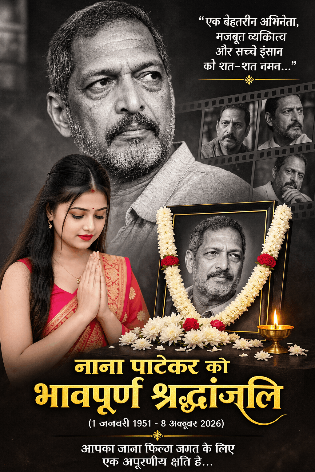 Nana Patekar Memorial Poster – Cinematic Black &amp; Gold AI Tribute Design