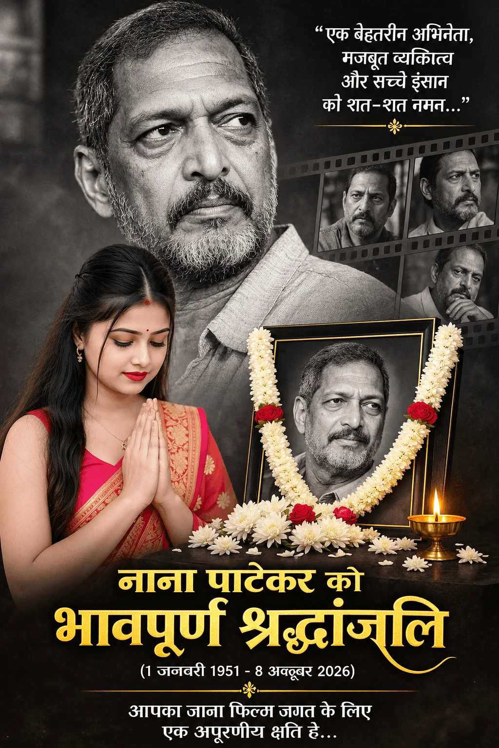 Nana Patekar Memorial Poster – Cinematic Black &amp; Gold AI Tribute Design