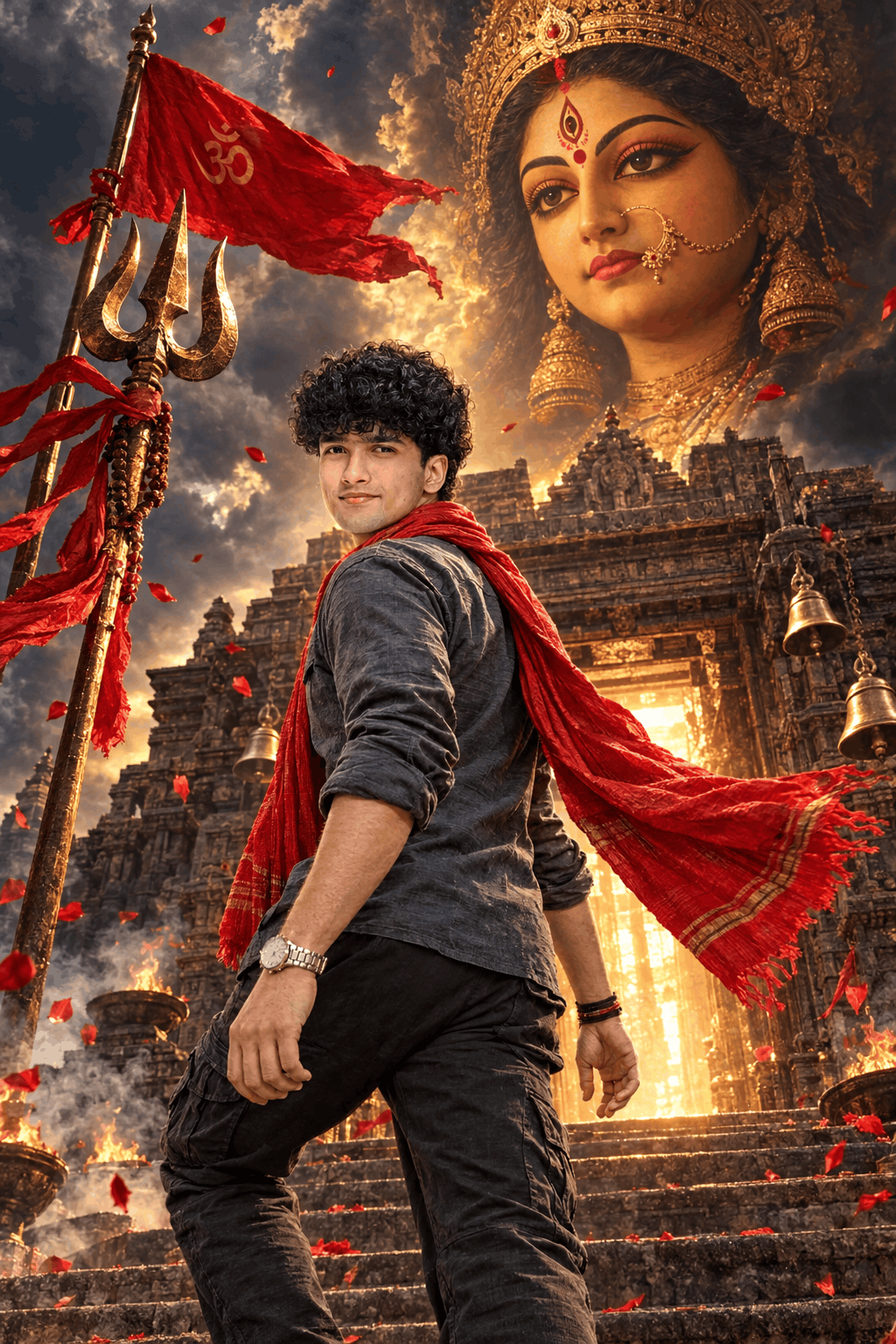 Epic Goddess Durga AI Devotional Poster with Heroic Devotee and Glowing Temple