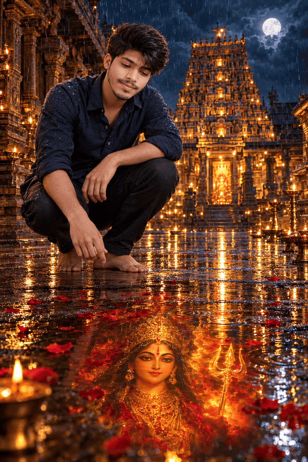 Goddess Durga Divine Reflection in Rainy Temple Courtyard – AI Image Prompt