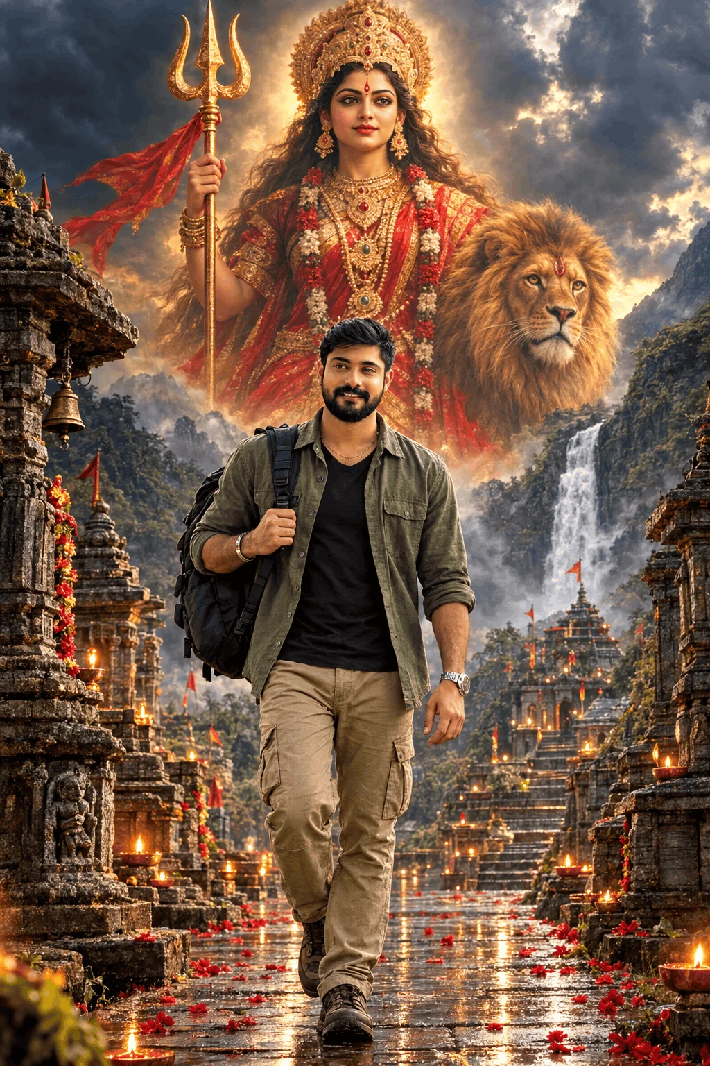 AI Durga Maa Temple Fantasy Image with a Traveler on a Sacred Mountain Path