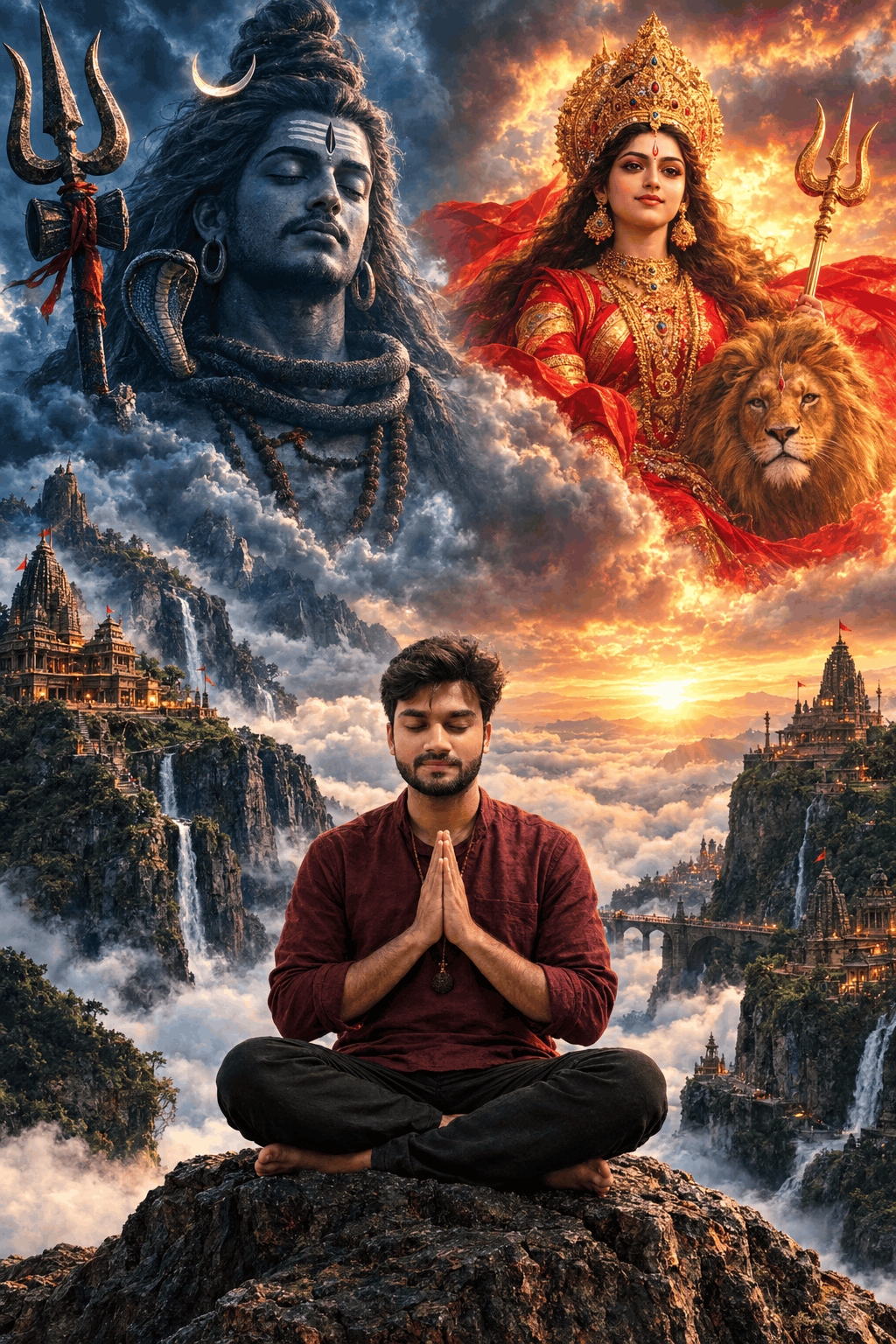 Lord Shiva and Goddess Durga Divine Vision AI Image – Meditating Devotee on a Mountain Peak