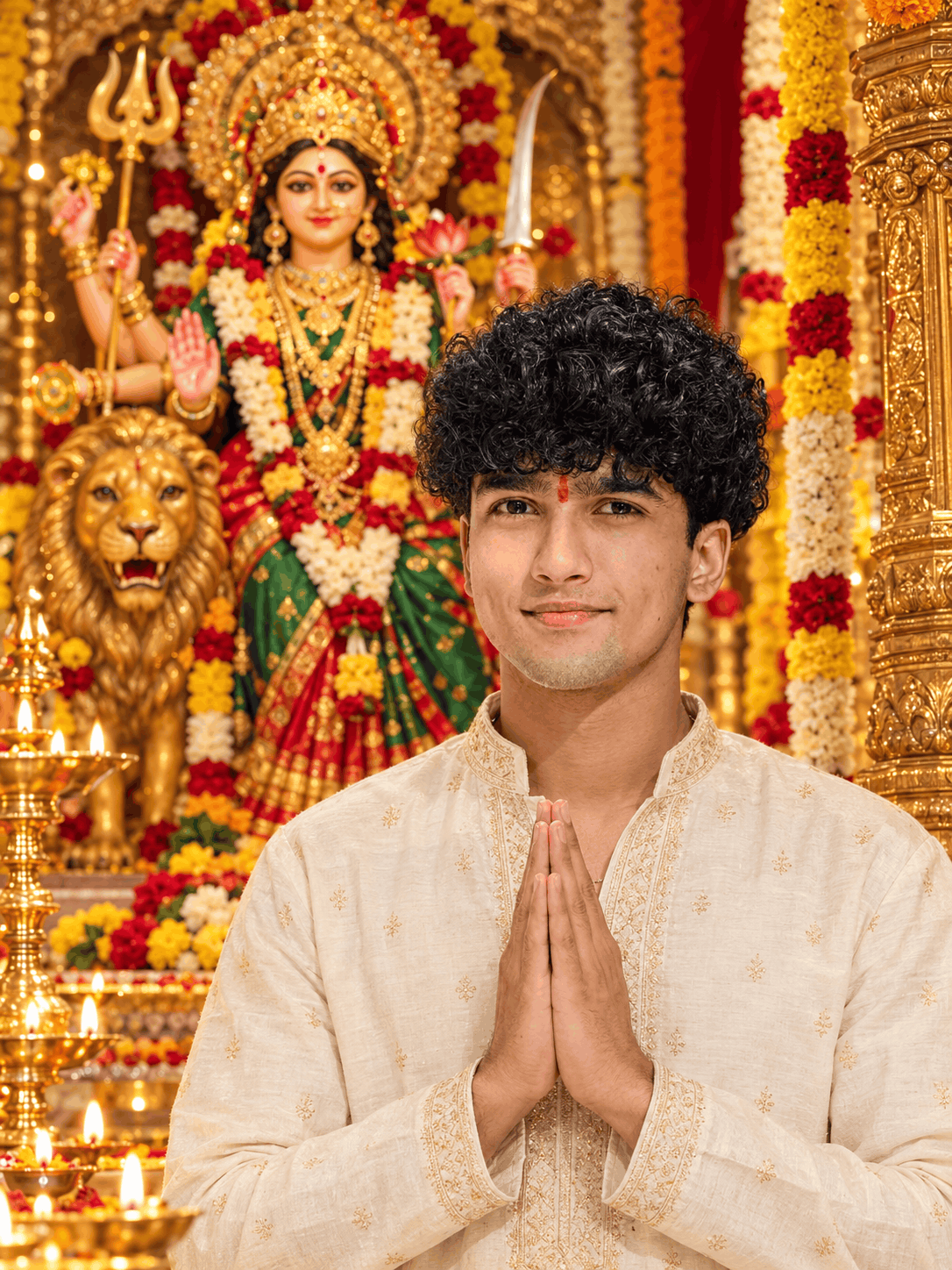 Durga Maa Temple AI Portrait Prompt – Devotee in Cream Embroidered Kurta with Namaste